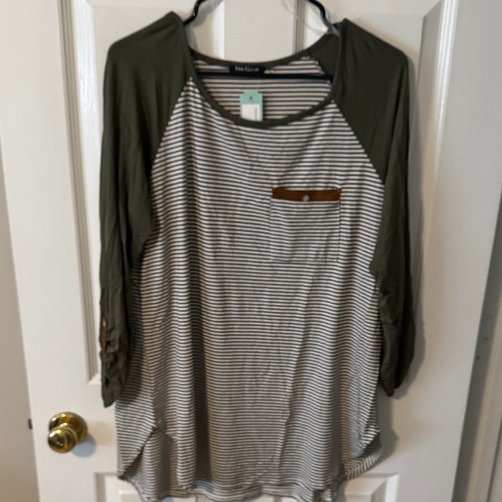 Pink Clover Olive Sleeve Striped Raglan Tunic with Chest Pocket